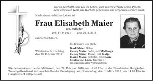 Traueranzeige Elisabeth Maier