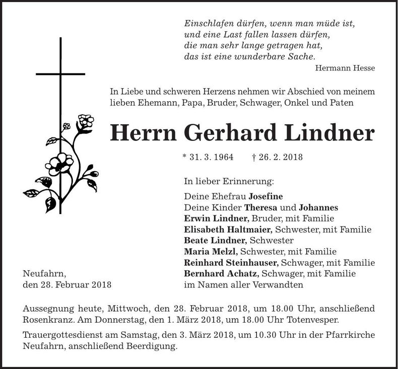 Traueranzeige Gerhard Lindner