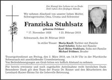 Traueranzeige Franziska Stuhlsatz