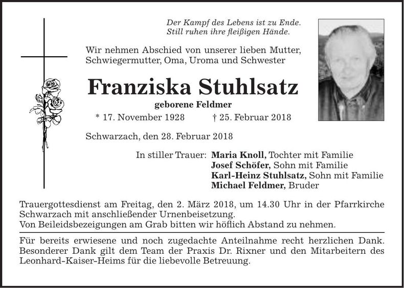 Traueranzeige Franziska Stuhlsatz