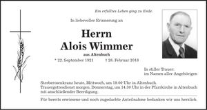 Traueranzeige Alois Wimmer