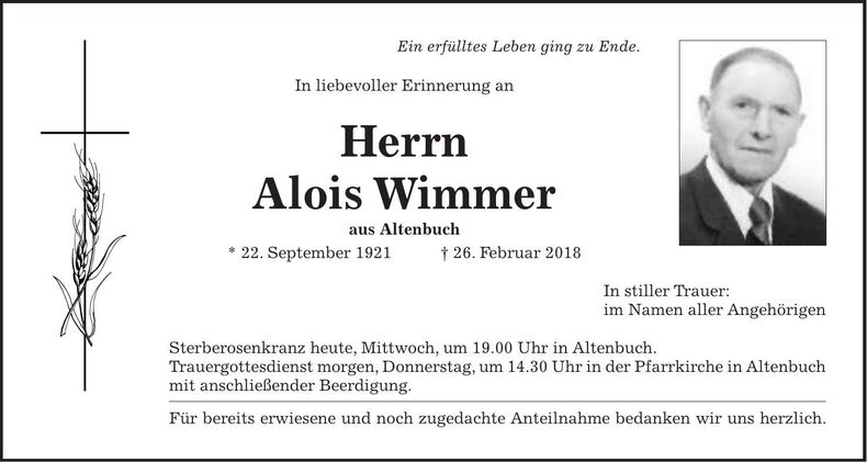 Traueranzeige Alois Wimmer