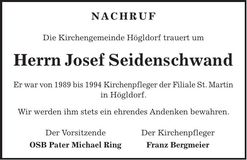 Traueranzeige Josef Seidenschwand