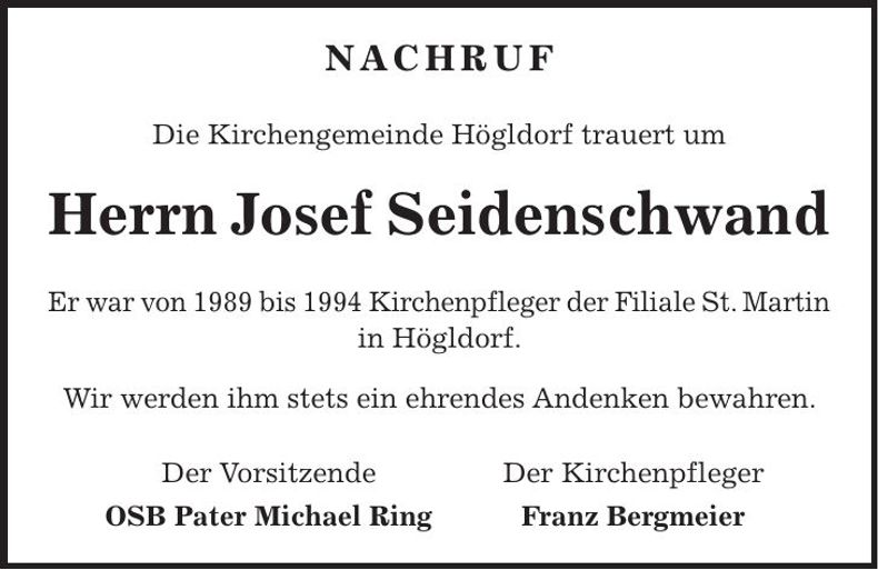 Traueranzeige Josef Seidenschwand