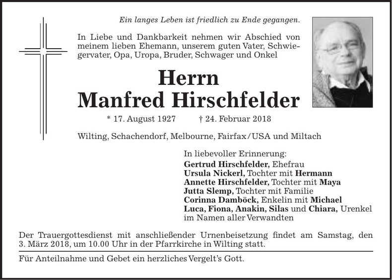 Traueranzeige Manfred Hirschfelder