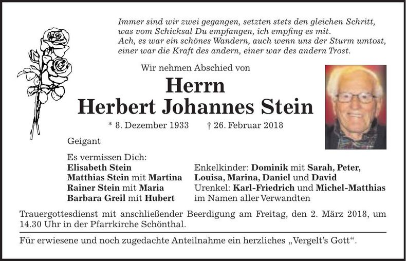 Traueranzeige Herbert Johannes Stein