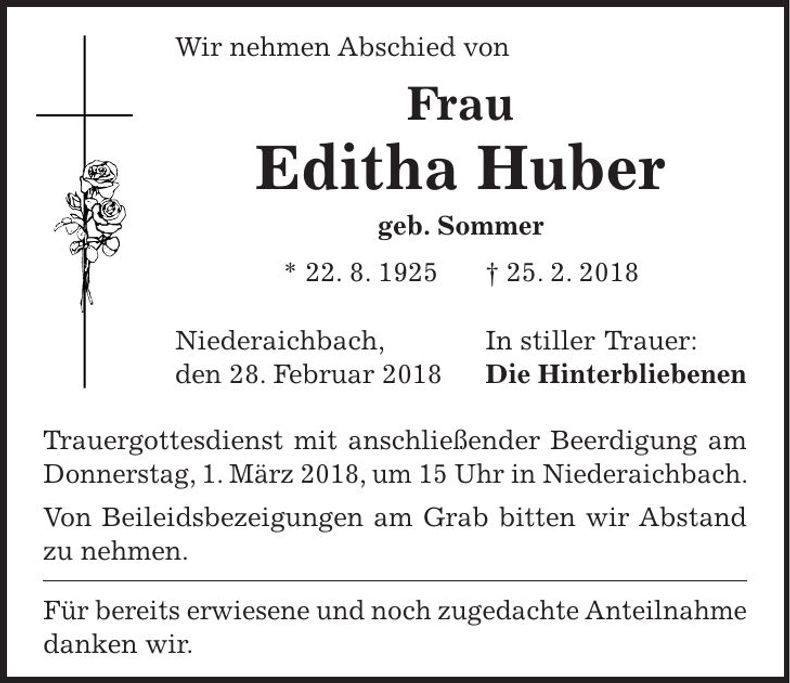 Traueranzeige Editha Huber