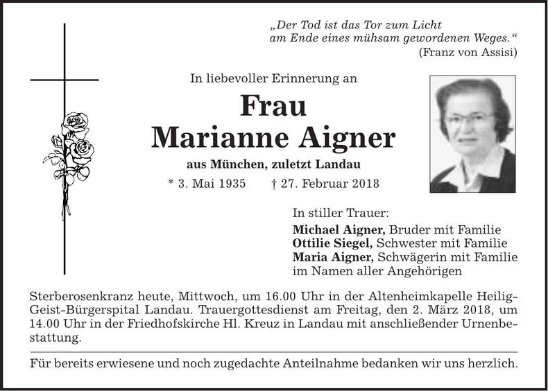 Traueranzeige Marianne Aigner