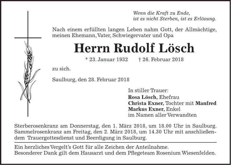 Traueranzeige Rudolf Lösch