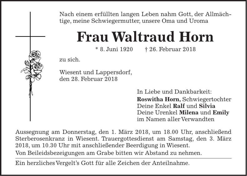Traueranzeige Waltraud Horn