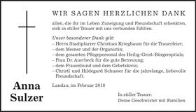 Traueranzeige Anna Sulzer