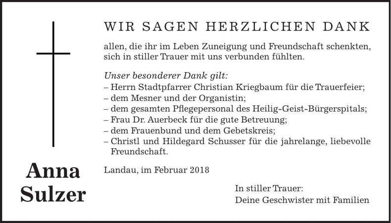 Traueranzeige Anna Sulzer