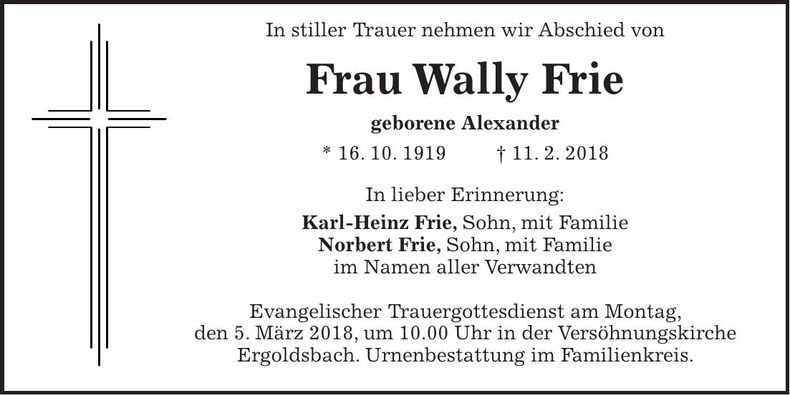 Traueranzeige Wally Frie