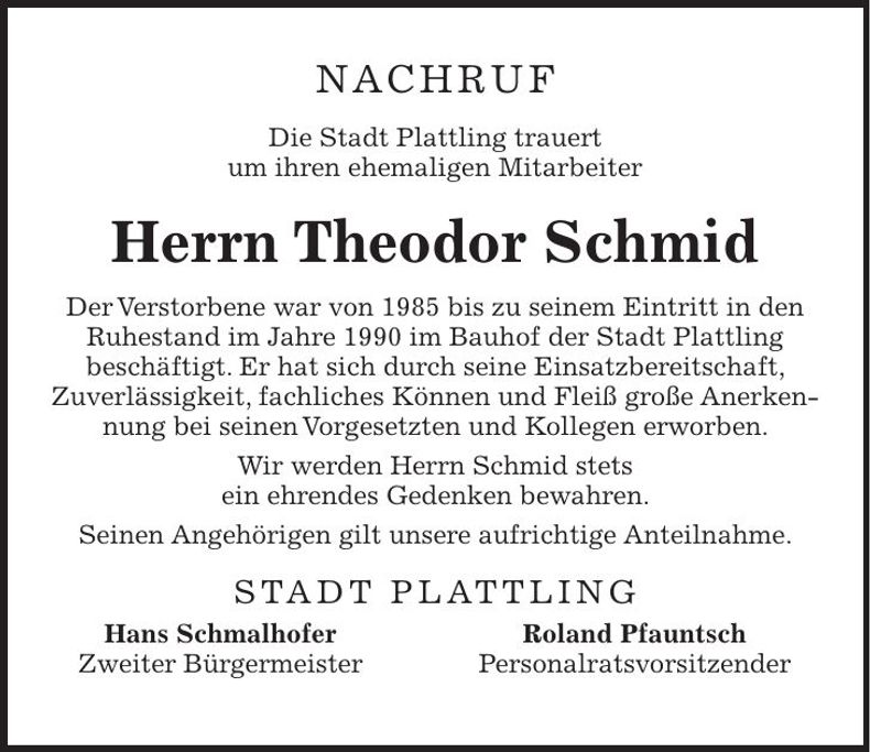 Traueranzeige Theodor Schmid