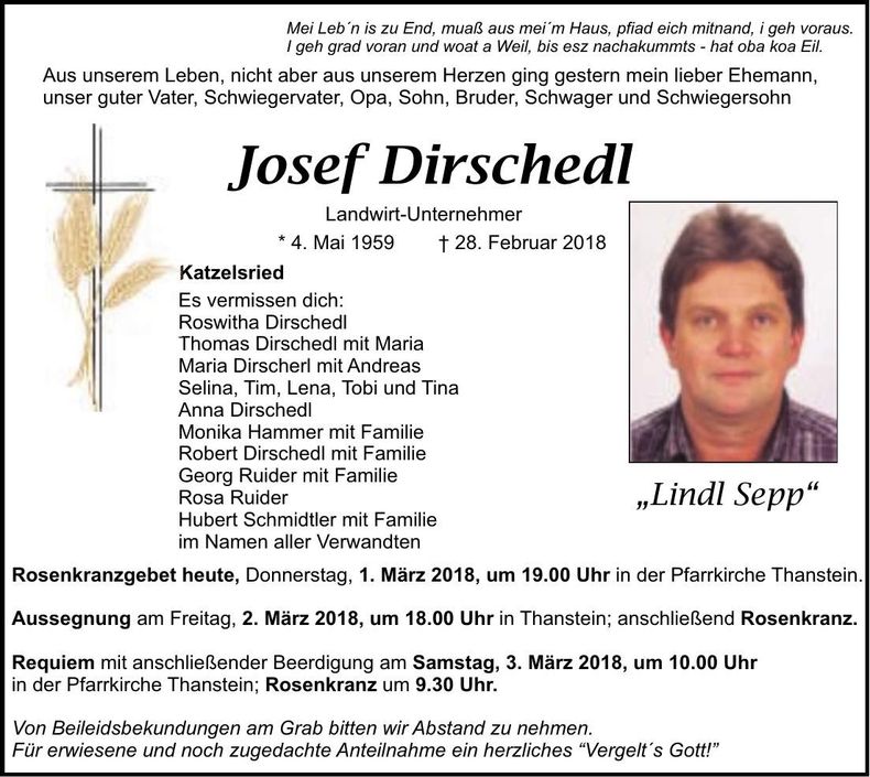 Traueranzeige Josef Dirschedl