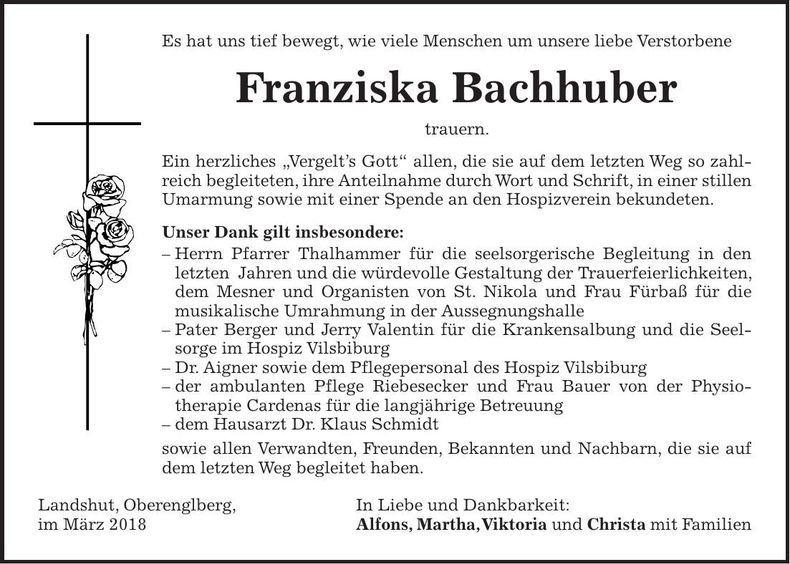 Traueranzeige Franziska Bachhuber