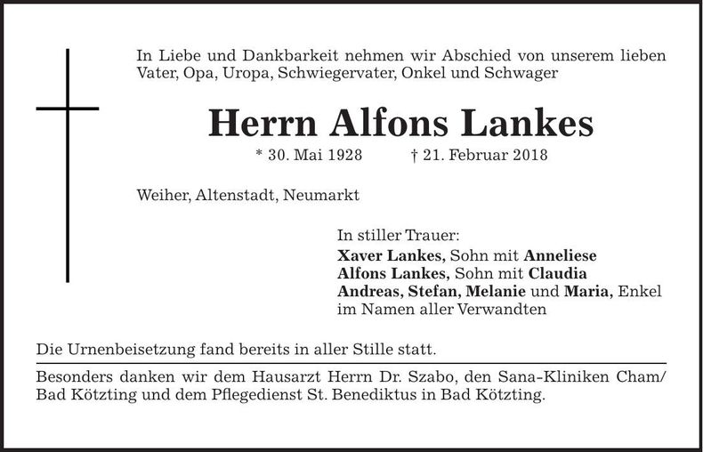 Traueranzeige Alfons Lankes