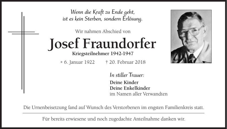 Traueranzeige Josef Fraundorfer