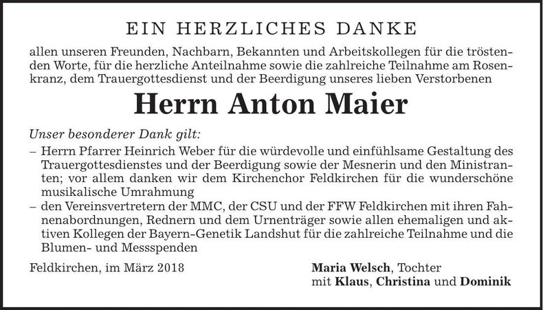 Traueranzeige Anton Maier