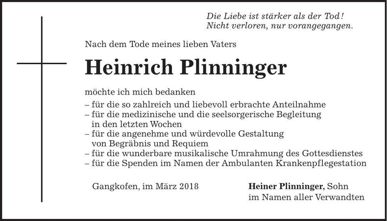 Traueranzeige Heinrich Plinniger