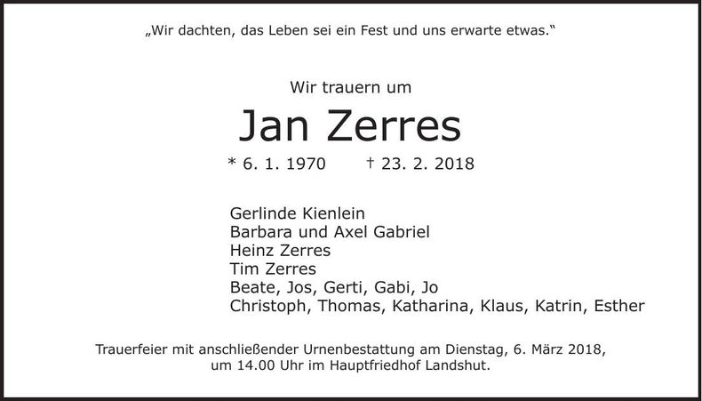 Traueranzeige Jan Zerres