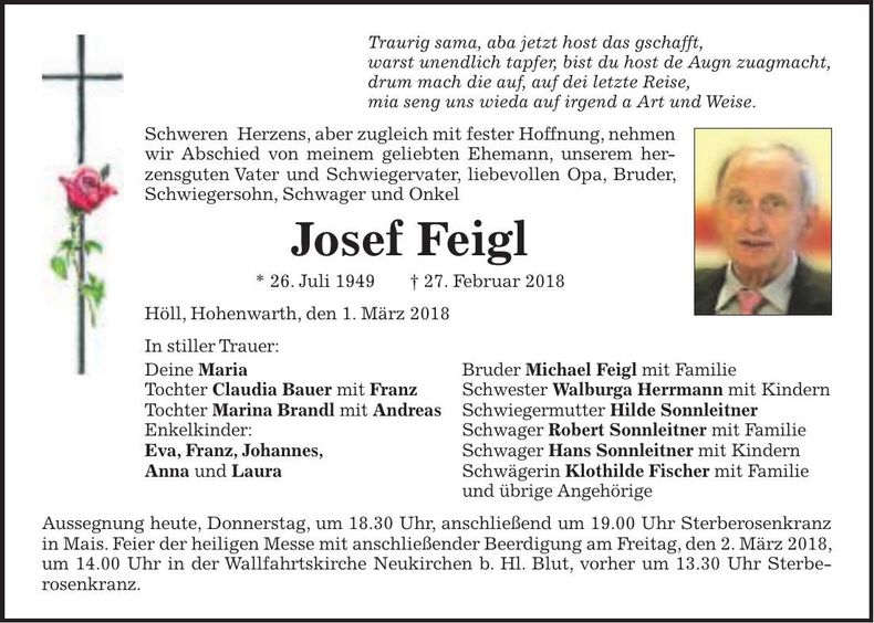 Traueranzeige Josef Feigl