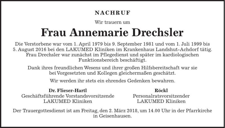 Traueranzeige Annemarie Drechsler