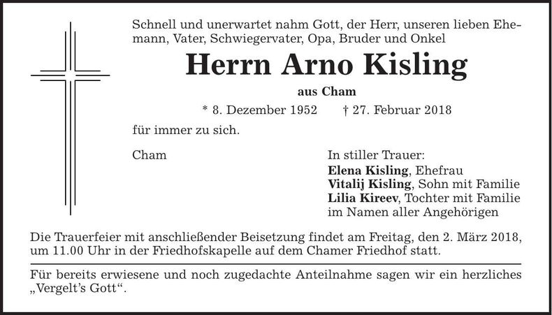 Traueranzeige Arno Kisling