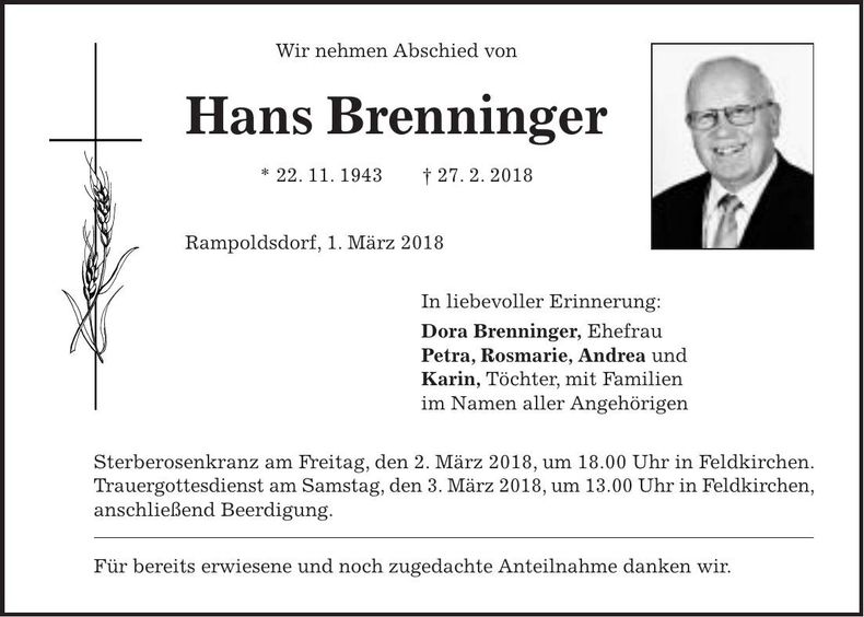 Traueranzeige Hans Brenninger
