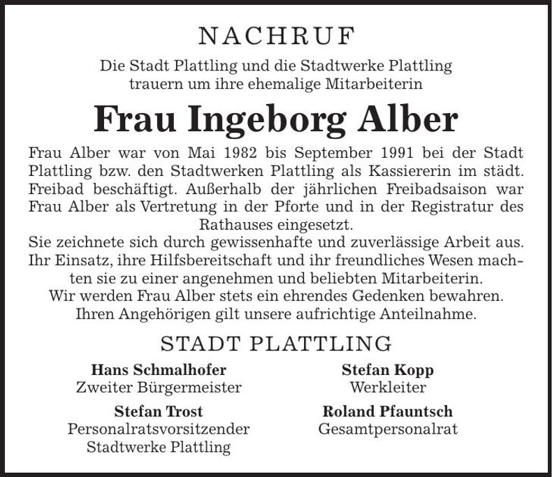 Traueranzeige Ingeborg Alber