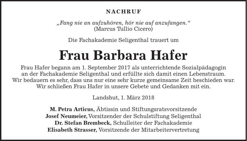 Traueranzeige Barbara Hafer