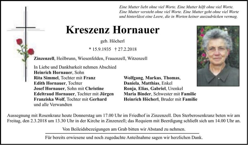 Traueranzeige Kreszenz Hornauer