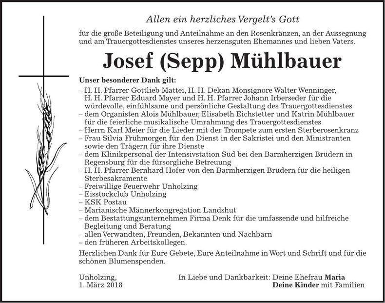 Traueranzeige Josef Mühlbauer