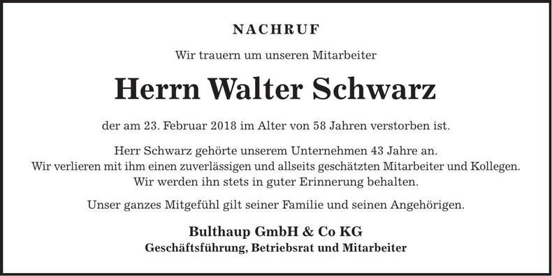 Traueranzeige Walter Schwarz