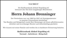 Traueranzeige Johann Brenninger