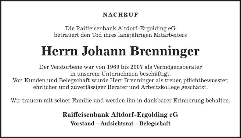Traueranzeige Johann Brenninger