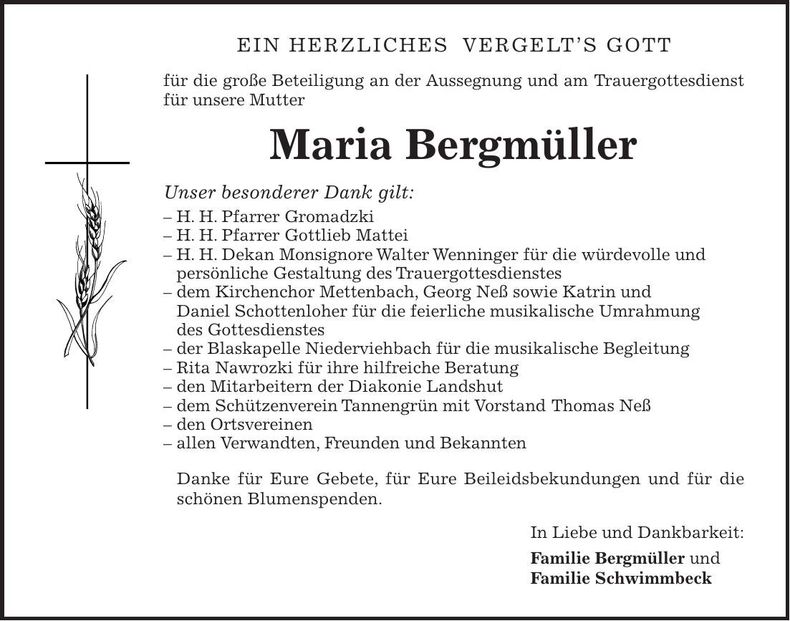 Traueranzeige Maria Bergmüller