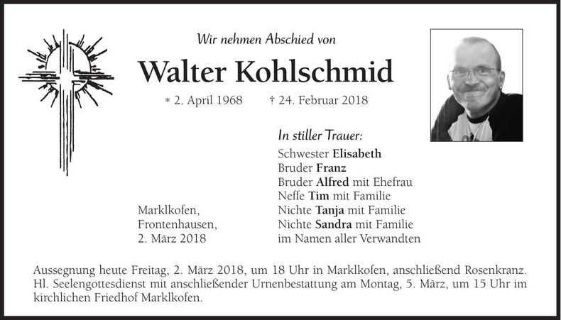 Traueranzeige Walter Kohlschmid