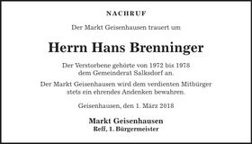 Traueranzeige Hans Brenninger
