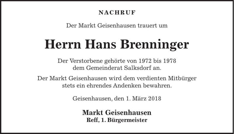 Traueranzeige Hans Brenninger
