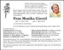Traueranzeige Monika Gierstl