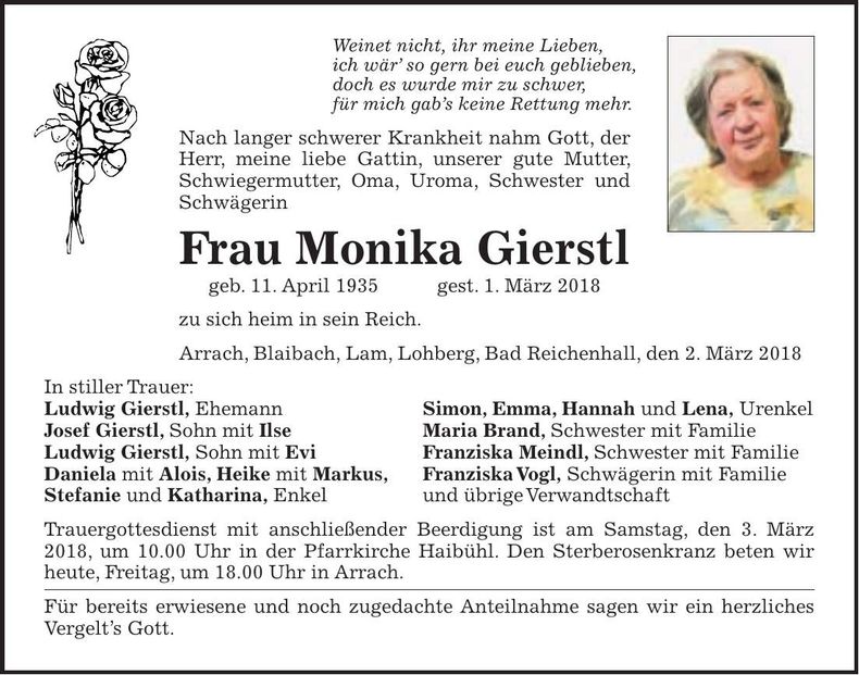 Traueranzeige Monika Gierstl