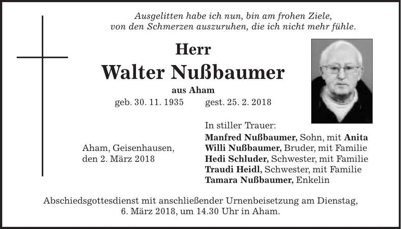 Traueranzeige Walter Nußbauer