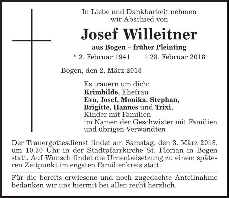 Traueranzeige Josef Willeitner
