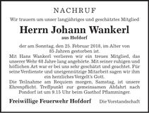 Traueranzeige Johann Wankler