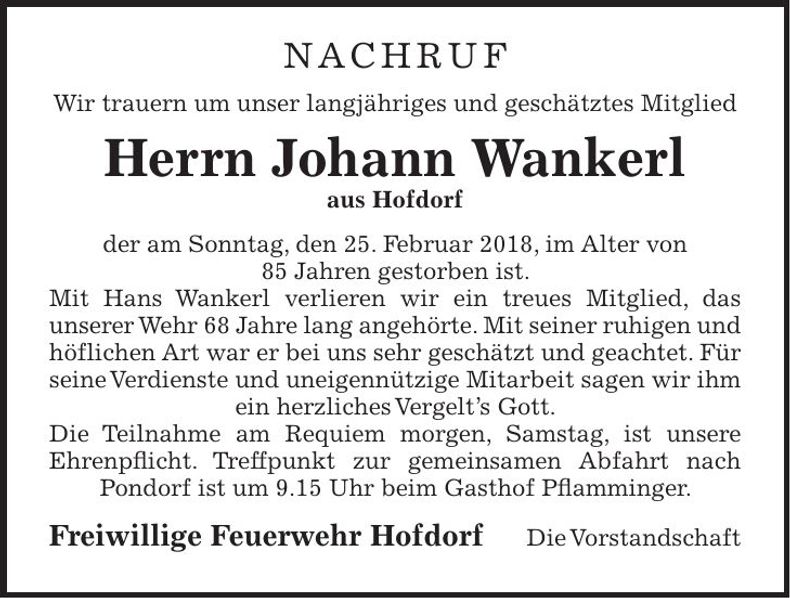 Traueranzeige Johann Wankler
