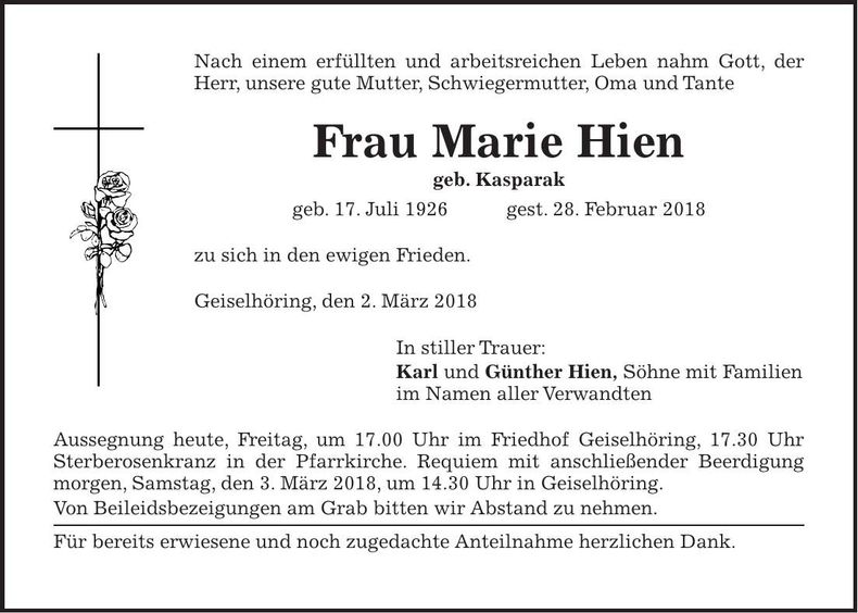 Traueranzeige Marie Hien