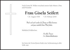 Traueranzeige Giesela Seifert