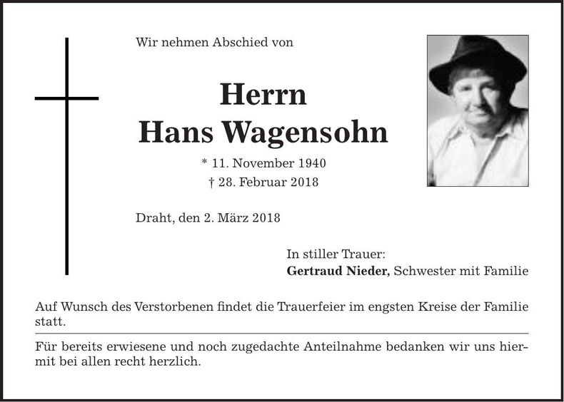 Traueranzeige Hans Wagensohn
