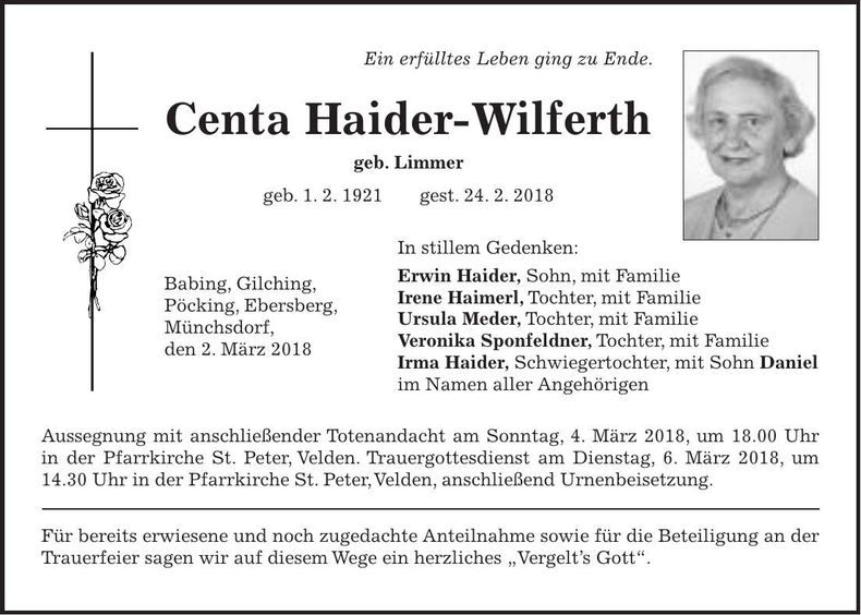 Traueranzeige Centa Haider-Wilferth